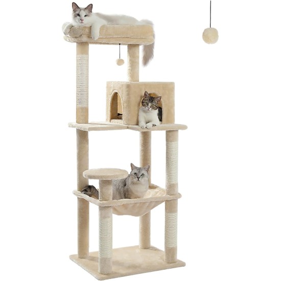PAWZ Road Luxury Cat Tree Large Cat Play Tower Activity Centre Stable and Stable Cat Tree with Hammock and Beautiful Cat House Grey 143 cm PAWZ Road Luxury Cat Tree Large Cat Play Tower Activity Centre Stable and Stable Cat Tree with Hammock and Beautiful Cat House Grey 143 cm
