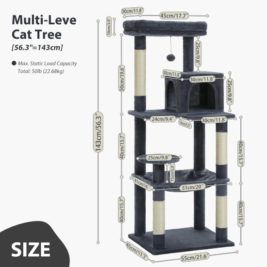 PAWZ Road Luxury Cat Tree Large Cat Play Tower Activity Centre Stable and Stable Cat Tree with Hammock and Beautiful Cat House Grey 143 cm PAWZ Road Luxury Cat Tree Large Cat Play Tower Activity Centre Stable and Stable Cat Tree with Hammock and Beautiful Cat House Grey 143 cm