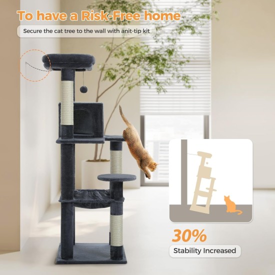 PAWZ Road Luxury Cat Tree Large Cat Play Tower Activity Centre Stable and Stable Cat Tree with Hammock and Beautiful Cat House Grey 143 cm PAWZ Road Luxury Cat Tree Large Cat Play Tower Activity Centre Stable and Stable Cat Tree with Hammock and Beautiful Cat House Grey 143 cm