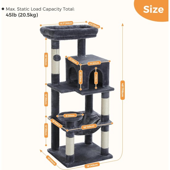 PAWZ Road Luxury Cat Tree Large Cat Play Tower Activity Centre Stable and Stable Cat Tree with Hammock and Beautiful Cat House Grey 143 cm PAWZ Road Luxury Cat Tree Large Cat Play Tower Activity Centre Stable and Stable Cat Tree with Hammock and Beautiful Cat House Grey 143 cm