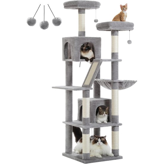 PETEPELA 180 cm Large Multi-Level Cat Tree for Large Cats, with 6 Sisal Columns, 2 Scratching Boards, 2 Platforms, 1 Hammock, 2 Play Balls, Plush Fabric, Grey PETEPELA 180 cm Large Multi-Level Cat Tree for Large Cats, with 6 Sisal Columns, 2 Scratching Boards, 2 Platforms, 1 Hammock, 2 Play Balls, Plush Fabric, Grey