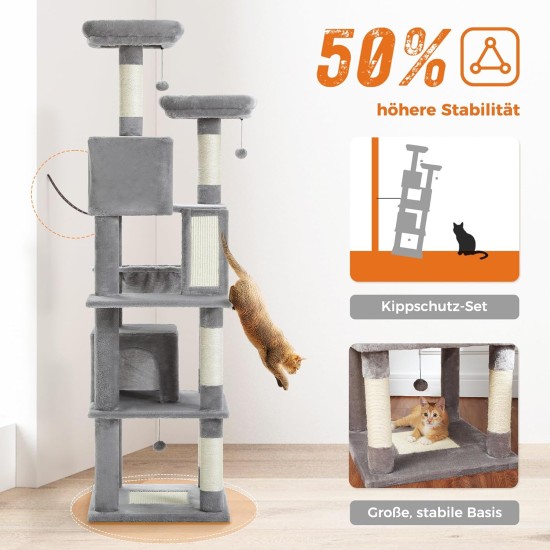 PETEPELA 180 cm Large Multi-Level Cat Tree for Large Cats, with 6 Sisal Columns, 2 Scratching Boards, 2 Platforms, 1 Hammock, 2 Play Balls, Plush Fabric, Grey PETEPELA 180 cm Large Multi-Level Cat Tree for Large Cats, with 6 Sisal Columns, 2 Scratching Boards, 2 Platforms, 1 Hammock, 2 Play Balls, Plush Fabric, Grey