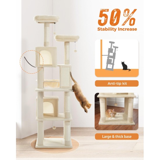 PETEPELA 180 cm Large Multi-Level Cat Tree for Large Cats, with 6 Sisal Columns, 2 Scratching Boards, 2 Platforms, 1 Hammock, 2 Play Balls, Plush Fabric, Grey PETEPELA 180 cm Large Multi-Level Cat Tree for Large Cats, with 6 Sisal Columns, 2 Scratching Boards, 2 Platforms, 1 Hammock, 2 Play Balls, Plush Fabric, Grey