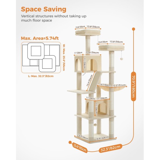 PETEPELA 180 cm Large Multi-Level Cat Tree for Large Cats, with 6 Sisal Columns, 2 Scratching Boards, 2 Platforms, 1 Hammock, 2 Play Balls, Plush Fabric, Grey PETEPELA 180 cm Large Multi-Level Cat Tree for Large Cats, with 6 Sisal Columns, 2 Scratching Boards, 2 Platforms, 1 Hammock, 2 Play Balls, Plush Fabric, Grey