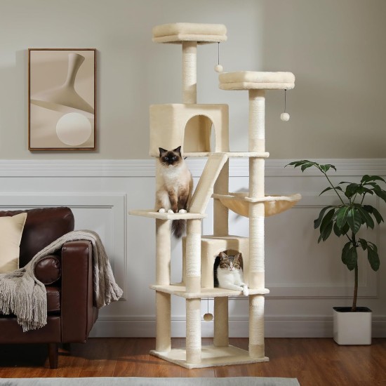 PETEPELA 180 cm Large Multi-Level Cat Tree for Large Cats, with 6 Sisal Columns, 2 Scratching Boards, 2 Platforms, 1 Hammock, 2 Play Balls, Plush Fabric, Grey PETEPELA 180 cm Large Multi-Level Cat Tree for Large Cats, with 6 Sisal Columns, 2 Scratching Boards, 2 Platforms, 1 Hammock, 2 Play Balls, Plush Fabric, Grey