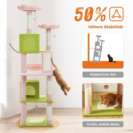 PETEPELA 180 cm Large Multi-Level Cat Tree for Large Cats, with 6 Sisal Columns, 2 Scratching Boards, 2 Platforms, 1 Hammock, 2 Play Balls, Plush Fabric, Grey PETEPELA 180 cm Large Multi-Level Cat Tree for Large Cats, with 6 Sisal Columns, 2 Scratching Boards, 2 Platforms, 1 Hammock, 2 Play Balls, Plush Fabric, Grey