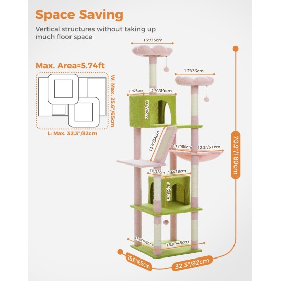 PETEPELA 180 cm Large Multi-Level Cat Tree for Large Cats, with 6 Sisal Columns, 2 Scratching Boards, 2 Platforms, 1 Hammock, 2 Play Balls, Plush Fabric, Grey PETEPELA 180 cm Large Multi-Level Cat Tree for Large Cats, with 6 Sisal Columns, 2 Scratching Boards, 2 Platforms, 1 Hammock, 2 Play Balls, Plush Fabric, Grey