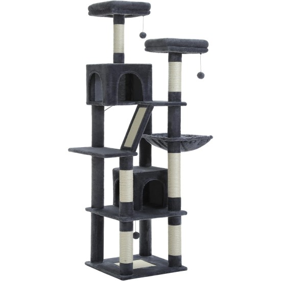 PETEPELA 180 cm Large Multi-Level Cat Tree for Large Cats, with 6 Sisal Columns, 2 Scratching Boards, 2 Platforms, 1 Hammock, 2 Play Balls, Plush Fabric, Grey PETEPELA 180 cm Large Multi-Level Cat Tree for Large Cats, with 6 Sisal Columns, 2 Scratching Boards, 2 Platforms, 1 Hammock, 2 Play Balls, Plush Fabric, Grey