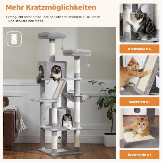 PETEPELA 180 cm Large Multi-Level Cat Tree for Large Cats, with 6 Sisal Columns, 2 Scratching Boards, 2 Platforms, 1 Hammock, 2 Play Balls, Plush Fabric, Grey PETEPELA 180 cm Large Multi-Level Cat Tree for Large Cats, with 6 Sisal Columns, 2 Scratching Boards, 2 Platforms, 1 Hammock, 2 Play Balls, Plush Fabric, Grey
