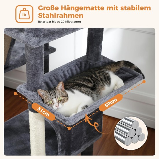 PETEPELA 180 cm Large Multi-Level Cat Tree for Large Cats, with 6 Sisal Columns, 2 Scratching Boards, 2 Platforms, 1 Hammock, 2 Play Balls, Plush Fabric, Grey PETEPELA 180 cm Large Multi-Level Cat Tree for Large Cats, with 6 Sisal Columns, 2 Scratching Boards, 2 Platforms, 1 Hammock, 2 Play Balls, Plush Fabric, Grey