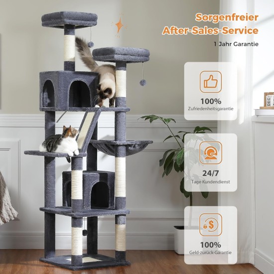 PETEPELA 180 cm Large Multi-Level Cat Tree for Large Cats, with 6 Sisal Columns, 2 Scratching Boards, 2 Platforms, 1 Hammock, 2 Play Balls, Plush Fabric, Grey PETEPELA 180 cm Large Multi-Level Cat Tree for Large Cats, with 6 Sisal Columns, 2 Scratching Boards, 2 Platforms, 1 Hammock, 2 Play Balls, Plush Fabric, Grey