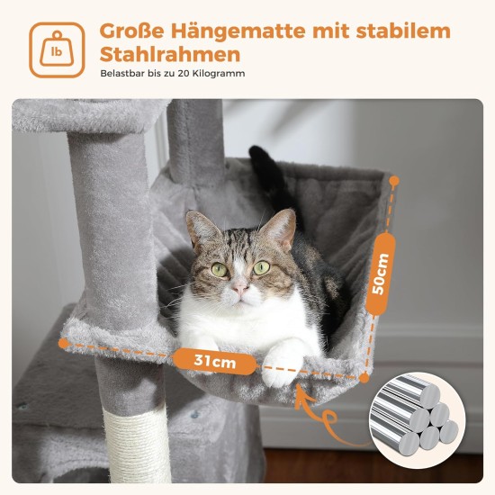 PETEPELA 180 cm Large Multi-Level Cat Tree for Large Cats, with 6 Sisal Columns, 2 Scratching Boards, 2 Platforms, 1 Hammock, 2 Play Balls, Plush Fabric, Grey PETEPELA 180 cm Large Multi-Level Cat Tree for Large Cats, with 6 Sisal Columns, 2 Scratching Boards, 2 Platforms, 1 Hammock, 2 Play Balls, Plush Fabric, Grey