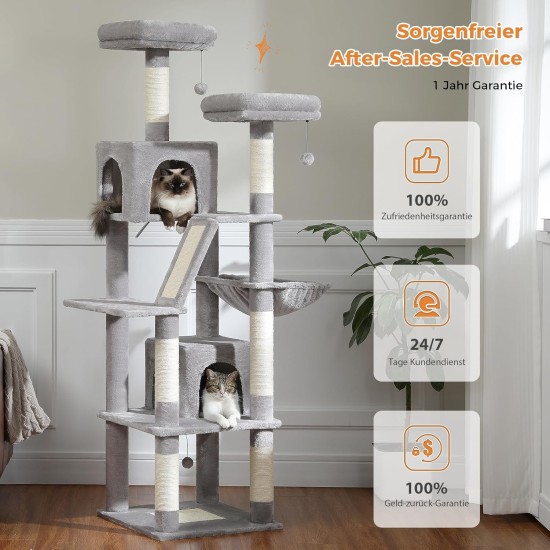 PETEPELA 180 cm Large Multi-Level Cat Tree for Large Cats, with 6 Sisal Columns, 2 Scratching Boards, 2 Platforms, 1 Hammock, 2 Play Balls, Plush Fabric, Grey PETEPELA 180 cm Large Multi-Level Cat Tree for Large Cats, with 6 Sisal Columns, 2 Scratching Boards, 2 Platforms, 1 Hammock, 2 Play Balls, Plush Fabric, Grey