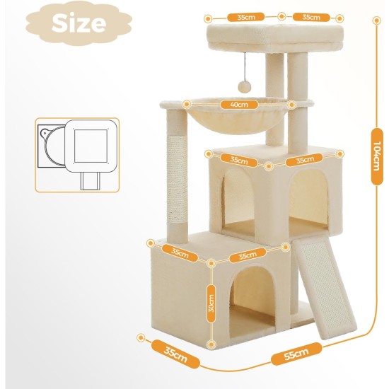 PETEPELA Cat Scratching Post 104 cm with 2 Spacious Caves for Indoor Cats, Cat House with Comfortable Hammock, Padded Perch, Scratching Pad and Removable Play Ball, Black PETEPELA Cat Scratching Post 104 cm with 2 Spacious Caves for Indoor Cats, Cat House with Comfortable Hammock, Padded Perch, Scratching Pad and Removable Play Ball, Black