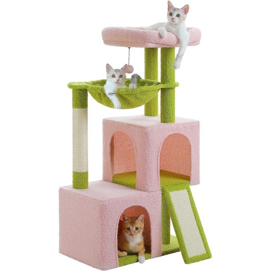 PETEPELA Cat Scratching Post 104 cm with 2 Spacious Caves for Indoor Cats, Cat House with Comfortable Hammock, Padded Perch, Scratching Pad and Removable Play Ball, Black PETEPELA Cat Scratching Post 104 cm with 2 Spacious Caves for Indoor Cats, Cat House with Comfortable Hammock, Padded Perch, Scratching Pad and Removable Play Ball, Black