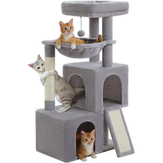 PETEPELA Cat Scratching Post 104 cm with 2 Spacious Caves for Indoor Cats, Cat House with Comfortable Hammock, Padded Perch, Scratching Pad and Removable Play Ball, Black PETEPELA Cat Scratching Post 104 cm with 2 Spacious Caves for Indoor Cats, Cat House with Comfortable Hammock, Padded Perch, Scratching Pad and Removable Play Ball, Black