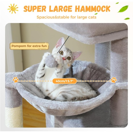 PETEPELA Cat Scratching Post 104 cm with 2 Spacious Caves for Indoor Cats, Cat House with Comfortable Hammock, Padded Perch, Scratching Pad and Removable Play Ball, Black PETEPELA Cat Scratching Post 104 cm with 2 Spacious Caves for Indoor Cats, Cat House with Comfortable Hammock, Padded Perch, Scratching Pad and Removable Play Ball, Black
