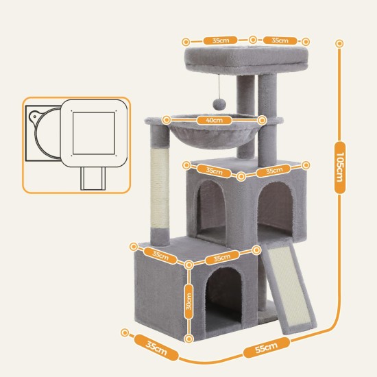PETEPELA Cat Scratching Post 104 cm with 2 Spacious Caves for Indoor Cats, Cat House with Comfortable Hammock, Padded Perch, Scratching Pad and Removable Play Ball, Black PETEPELA Cat Scratching Post 104 cm with 2 Spacious Caves for Indoor Cats, Cat House with Comfortable Hammock, Padded Perch, Scratching Pad and Removable Play Ball, Black