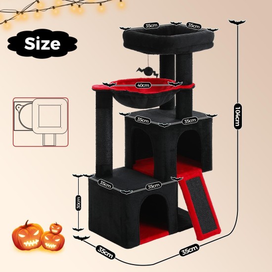 PETEPELA Cat Scratching Post 104 cm with 2 Spacious Caves for Indoor Cats, Cat House with Comfortable Hammock, Padded Perch, Scratching Pad and Removable Play Ball, Black PETEPELA Cat Scratching Post 104 cm with 2 Spacious Caves for Indoor Cats, Cat House with Comfortable Hammock, Padded Perch, Scratching Pad and Removable Play Ball, Black