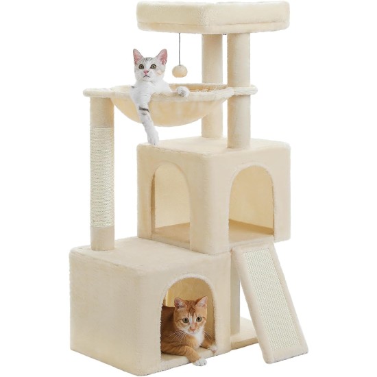 PETEPELA Cat Scratching Post 104 cm with 2 Spacious Caves for Indoor Cats, Cat House with Comfortable Hammock, Padded Perch, Scratching Pad and Removable Play Ball, Black PETEPELA Cat Scratching Post 104 cm with 2 Spacious Caves for Indoor Cats, Cat House with Comfortable Hammock, Padded Perch, Scratching Pad and Removable Play Ball, Black