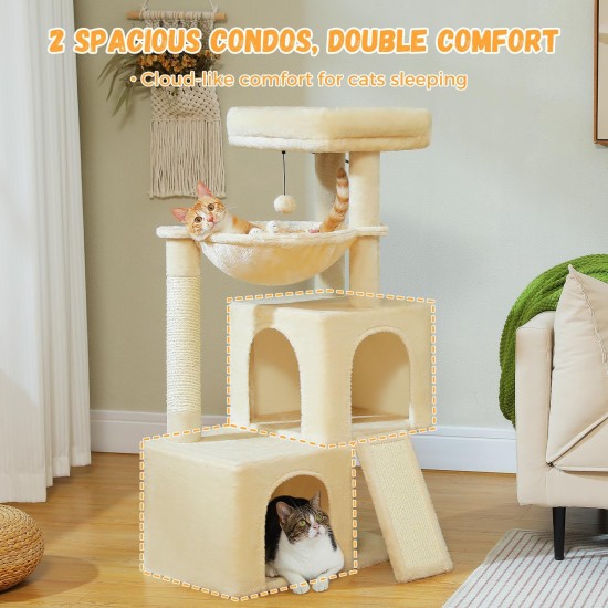 PETEPELA Cat Scratching Post 104 cm with 2 Spacious Caves for Indoor Cats, Cat House with Comfortable Hammock, Padded Perch, Scratching Pad and Removable Play Ball, Black PETEPELA Cat Scratching Post 104 cm with 2 Spacious Caves for Indoor Cats, Cat House with Comfortable Hammock, Padded Perch, Scratching Pad and Removable Play Ball, Black