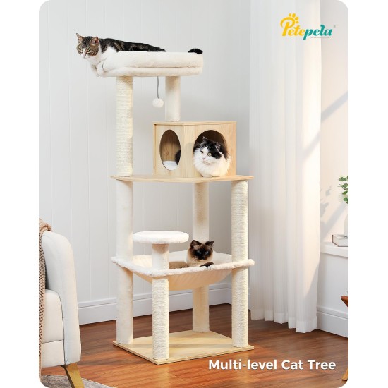 PETEPELA Cat Tree Wooden Scratching Post 143 cm Modern Cat Scratching Post with Larger Hammock Top Bed Full Sisal Rope Column Beige PETEPELA Cat Tree Wooden Scratching Post 143 cm Modern Cat Scratching Post with Larger Hammock Top Bed Full Sisal Rope Column Beige