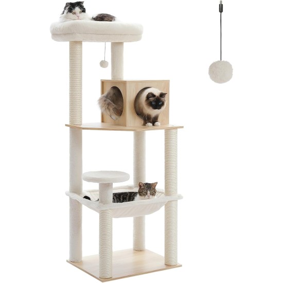 PETEPELA Wooden Cat Scratching Post 143 cm Modern Cat Scratching Post with Larger Hammock Top Bed Full Sisal Rope Column PETEPELA Wooden Cat Scratching Post 143 cm Modern Cat Scratching Post with Larger Hammock Top Bed Full Sisal Rope Column