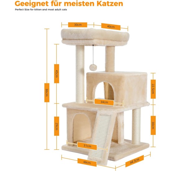 Petepela Cat Tree, Scratching Post, Cat Furniture with Sisal Rope, Plush Lounger, Hollow Playhouse, Toy for Cats, Grey Petepela Cat Tree, Scratching Post, Cat Furniture with Sisal Rope, Plush Lounger, Hollow Playhouse, Toy for Cats, Grey
