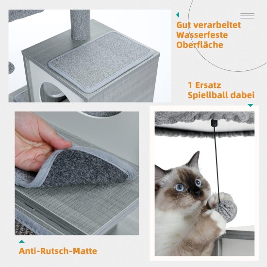 Petepela Cat Tree, Scratching Post, Cat Furniture with Sisal Rope, Plush Lounger, Hollow Playhouse, Toy for Cats, Grey Petepela Cat Tree, Scratching Post, Cat Furniture with Sisal Rope, Plush Lounger, Hollow Playhouse, Toy for Cats, Grey