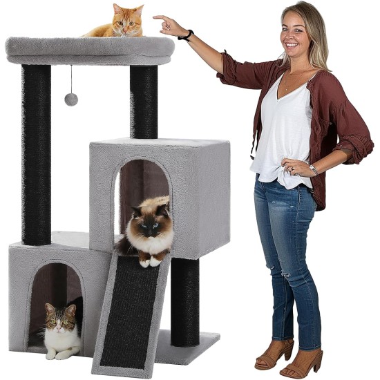Petepela Cat Tree, Scratching Post, Cat Furniture with Sisal Rope, Plush Lounger, Hollow Playhouse, Toy for Cats, Grey Petepela Cat Tree, Scratching Post, Cat Furniture with Sisal Rope, Plush Lounger, Hollow Playhouse, Toy for Cats, Grey