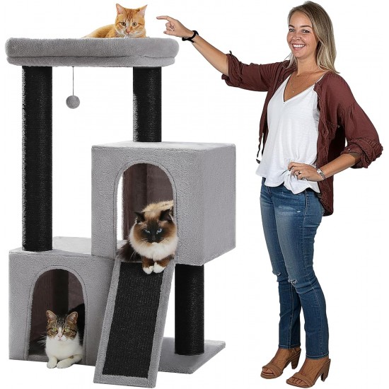 Petepela Cat Tree, Scratching Post, Cat Furniture with Sisal Rope, Plush Lounger, Hollow Playhouse, Toy for Cats, Grey Petepela Cat Tree, Scratching Post, Cat Furniture with Sisal Rope, Plush Lounger, Hollow Playhouse, Toy for Cats, Grey