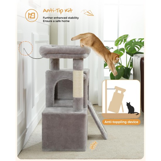 Petepela Cat Tree, Scratching Post, Cat Furniture with Sisal Rope, Plush Lounger, Hollow Playhouse, Toy for Cats, Grey Petepela Cat Tree, Scratching Post, Cat Furniture with Sisal Rope, Plush Lounger, Hollow Playhouse, Toy for Cats, Grey