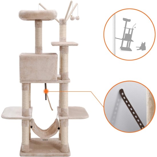 SONGMICS XXL Climbing Tree Scratching Post with Hammock Cave Play Sisal 154 cm, beige SONGMICS XXL Climbing Tree Scratching Post with Hammock Cave Play Sisal 154 cm, beige