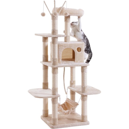 SONGMICS XXL Climbing Tree Scratching Post with Hammock Cave Play Sisal 154 cm, beige SONGMICS XXL Climbing Tree Scratching Post with Hammock Cave Play Sisal 154 cm, beige