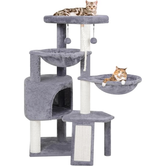TINWEI Cat Tree with Cat Hut and Two Hammocks, Grey TINWEI Cat Tree with Cat Hut and Two Hammocks, Grey
