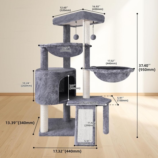 TINWEI Cat Tree with Cat Hut and Two Hammocks, Grey TINWEI Cat Tree with Cat Hut and Two Hammocks, Grey