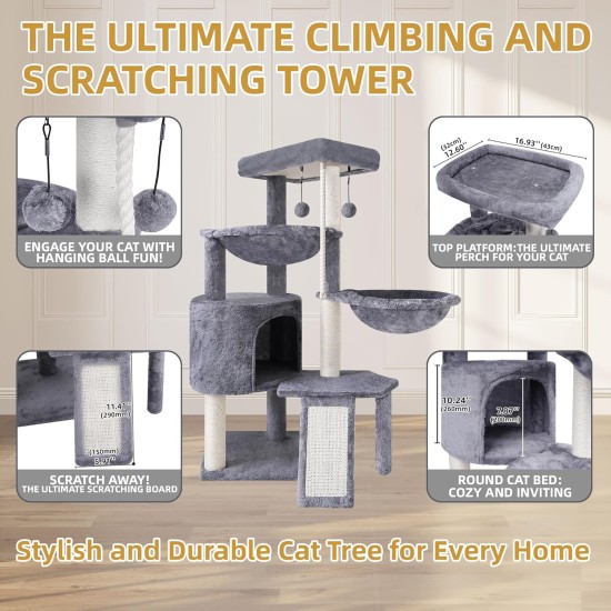 TINWEI Cat Tree with Cat Hut and Two Hammocks, Grey TINWEI Cat Tree with Cat Hut and Two Hammocks, Grey