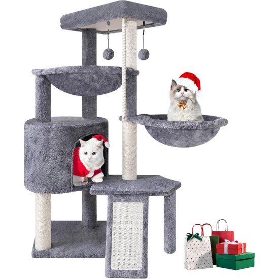 TINWEI Cat Tree with Cat Hut and Two Hammocks, Grey TINWEI Cat Tree with Cat Hut and Two Hammocks, Grey