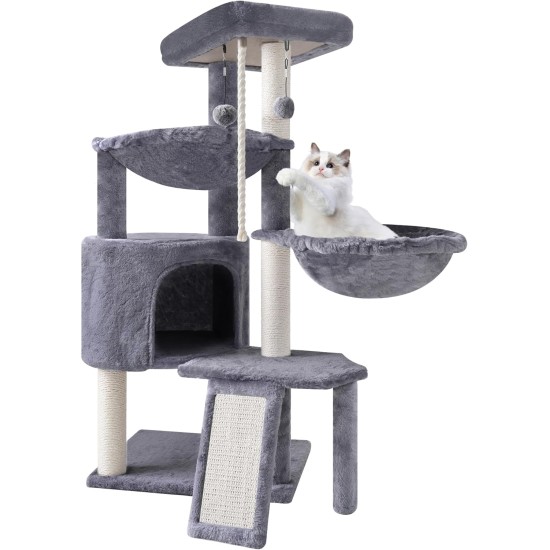 TINWEI Cat Tree with Cat Hut and Two Hammocks, Grey TINWEI Cat Tree with Cat Hut and Two Hammocks, Grey