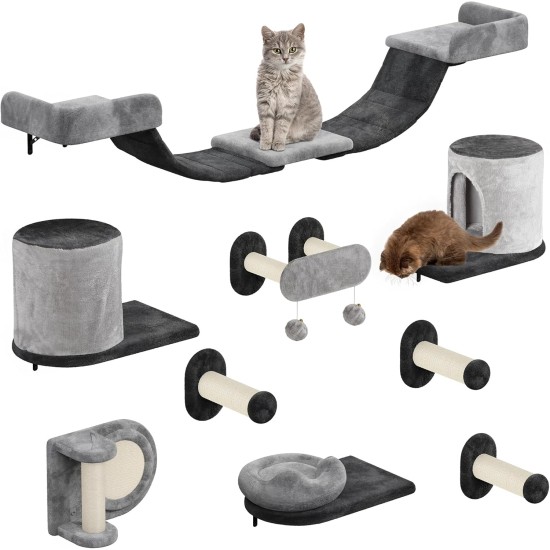 YITAHOME 11-Piece Stable Climbing Wall Cat Set Made of Flannel, Cat Furniture with Cat House, Cat Scratching Board, Cat Hanging Bridge, Cat Bed, Sisal Column for Cats, Sleeping, Playing, Lounging YITAHOME 11-Piece Stable Climbing Wall Cat Set Made of Flannel, Cat Furniture with Cat House, Cat Scratching Board, Cat Hanging Bridge, Cat Bed, Sisal Column for Cats, Sleeping, Playing, Lounging