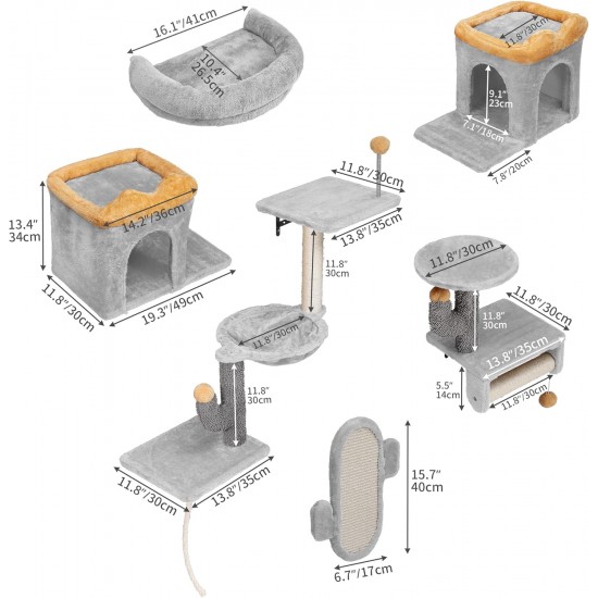 YITAHOME 8 Pieces Cat Climbing Wall Set, Sturdy Plush Climbing Device for Cats, Cat Climbing Frame, Play Towers with Scratching Posts, Cat House, Cat Bridge, Cat Stairs and Hanging Ball, Light Grey YITAHOME 8 Pieces Cat Climbing Wall Set, Sturdy Plush Climbing Device for Cats, Cat Climbing Frame, Play Towers with Scratching Posts, Cat House, Cat Bridge, Cat Stairs and Hanging Ball, Light Grey