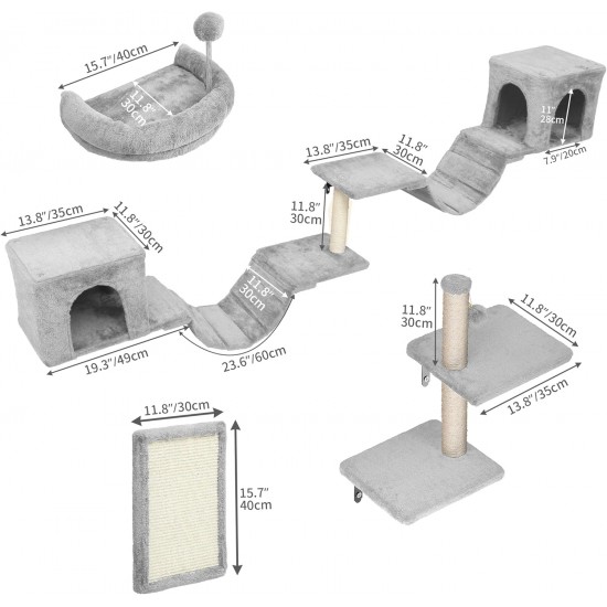 YITAHOME 8 Pieces Cat Climbing Wall Set, Sturdy Plush Climbing Device for Cats, Cat Climbing Frame, Play Towers with Scratching Posts, Cat House, Cat Bridge, Cat Stairs and Hanging Ball, Light Grey YITAHOME 8 Pieces Cat Climbing Wall Set, Sturdy Plush Climbing Device for Cats, Cat Climbing Frame, Play Towers with Scratching Posts, Cat House, Cat Bridge, Cat Stairs and Hanging Ball, Light Grey