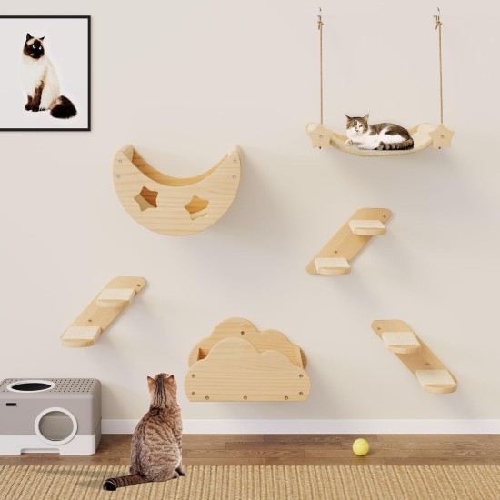 YITAHOME Climbing Wall Cat Set Made of Wood, 5-Piece Sturdy Cat Furniture with Cat House, Cat Bed, Platform, Sisal Column, Cat Suspension Bridge, for Cat Sleeping, Playing, Lounging YITAHOME Climbing Wall Cat Set Made of Wood, 5-Piece Sturdy Cat Furniture with Cat House, Cat Bed, Platform, Sisal Column, Cat Suspension Bridge, for Cat Sleeping, Playing, Lounging