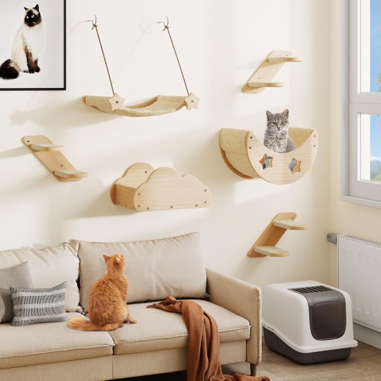 YITAHOME Climbing Wall Cat Set Made of Wood, 5-Piece Sturdy Cat Furniture with Cat House, Cat Bed, Platform, Sisal Column, Cat Suspension Bridge, for Cat Sleeping, Playing, Lounging YITAHOME Climbing Wall Cat Set Made of Wood, 5-Piece Sturdy Cat Furniture with Cat House, Cat Bed, Platform, Sisal Column, Cat Suspension Bridge, for Cat Sleeping, Playing, Lounging