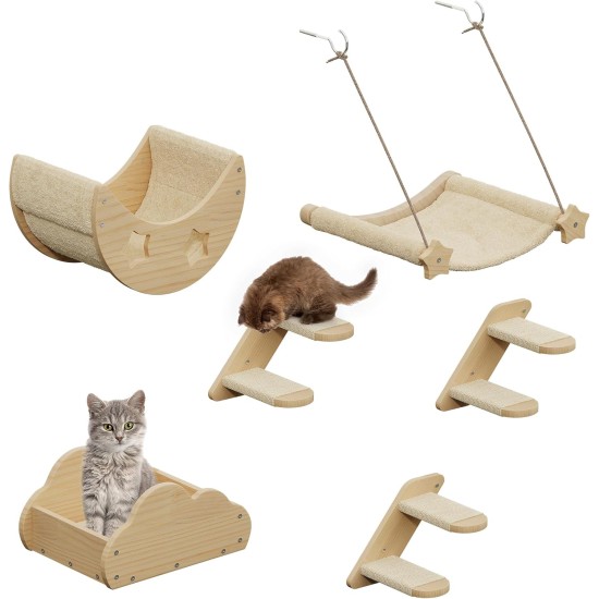 YITAHOME Climbing Wall Cat Set Made of Wood, 5-Piece Sturdy Cat Furniture with Cat House, Cat Bed, Platform, Sisal Column, Cat Suspension Bridge, for Cat Sleeping, Playing, Lounging YITAHOME Climbing Wall Cat Set Made of Wood, 5-Piece Sturdy Cat Furniture with Cat House, Cat Bed, Platform, Sisal Column, Cat Suspension Bridge, for Cat Sleeping, Playing, Lounging