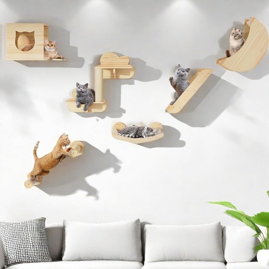YITAHOME Climbing Wall Cat Set Made of Wood, 5-Piece Sturdy Cat Furniture with Cat House, Cat Bed, Platform, Sisal Column, Cat Suspension Bridge, for Cat Sleeping, Playing, Lounging YITAHOME Climbing Wall Cat Set Made of Wood, 5-Piece Sturdy Cat Furniture with Cat House, Cat Bed, Platform, Sisal Column, Cat Suspension Bridge, for Cat Sleeping, Playing, Lounging
