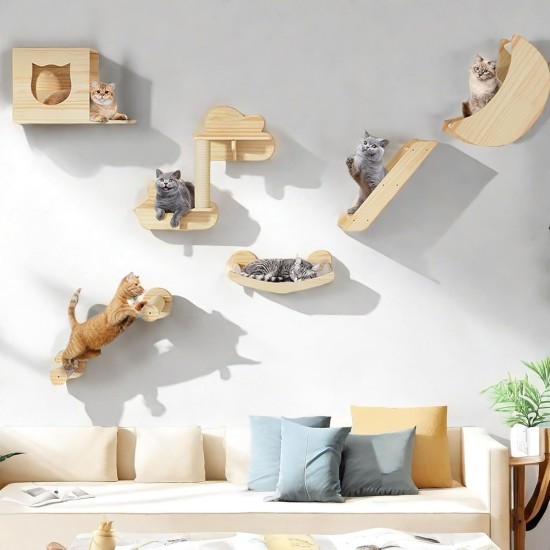 YITAHOME Climbing Wall Cat Set Made of Wood, 5-Piece Sturdy Cat Furniture with Cat House, Cat Bed, Platform, Sisal Column, Cat Suspension Bridge, for Cat Sleeping, Playing, Lounging YITAHOME Climbing Wall Cat Set Made of Wood, 5-Piece Sturdy Cat Furniture with Cat House, Cat Bed, Platform, Sisal Column, Cat Suspension Bridge, for Cat Sleeping, Playing, Lounging