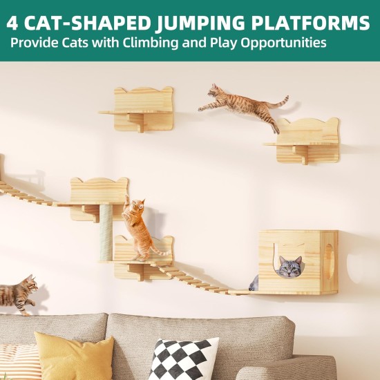 YITAHOME Climbing Wall Cat Set Made of Wood, 5-Piece Sturdy Cat Furniture with Cat House, Cat Bed, Platform, Sisal Column, Cat Suspension Bridge, for Cat Sleeping, Playing, Lounging YITAHOME Climbing Wall Cat Set Made of Wood, 5-Piece Sturdy Cat Furniture with Cat House, Cat Bed, Platform, Sisal Column, Cat Suspension Bridge, for Cat Sleeping, Playing, Lounging