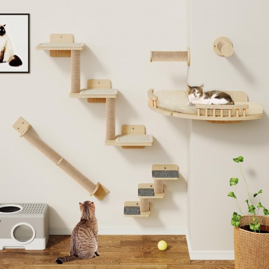 YITAHOME Climbing Wall Cat Set Made of Wood, 5-Piece Sturdy Cat Furniture with Cat House, Cat Bed, Platform, Sisal Column, Cat Suspension Bridge, for Cat Sleeping, Playing, Lounging YITAHOME Climbing Wall Cat Set Made of Wood, 5-Piece Sturdy Cat Furniture with Cat House, Cat Bed, Platform, Sisal Column, Cat Suspension Bridge, for Cat Sleeping, Playing, Lounging