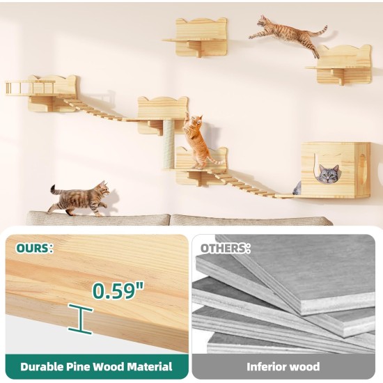 YITAHOME Climbing Wall Cat Set Made of Wood, 5-Piece Sturdy Cat Furniture with Cat House, Cat Bed, Platform, Sisal Column, Cat Suspension Bridge, for Cat Sleeping, Playing, Lounging YITAHOME Climbing Wall Cat Set Made of Wood, 5-Piece Sturdy Cat Furniture with Cat House, Cat Bed, Platform, Sisal Column, Cat Suspension Bridge, for Cat Sleeping, Playing, Lounging